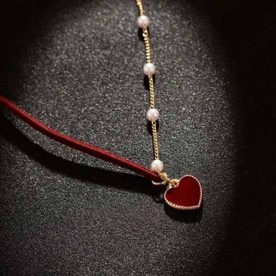 Wholesale Red Heart Pearl Simple Necklace